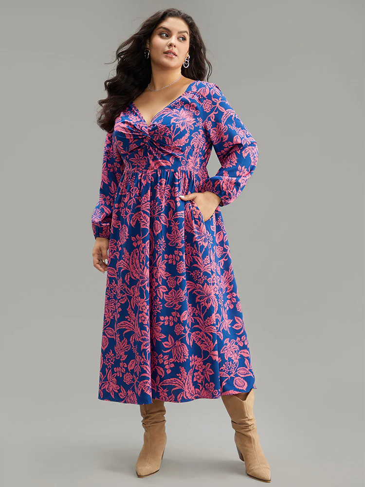 Floral Twist Front Pocket Lantern Sleeve Dress - Image 4