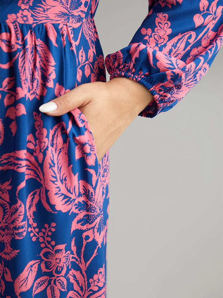 Floral Twist Front Pocket Lantern Sleeve Dress - Image 6