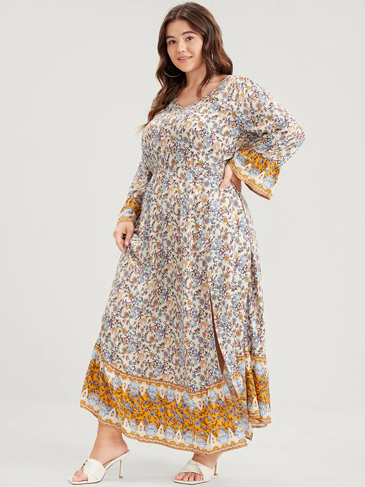 Floral V Neck Bell Sleeve Split Pocket Ruffles Maxi Dress - Image 2
