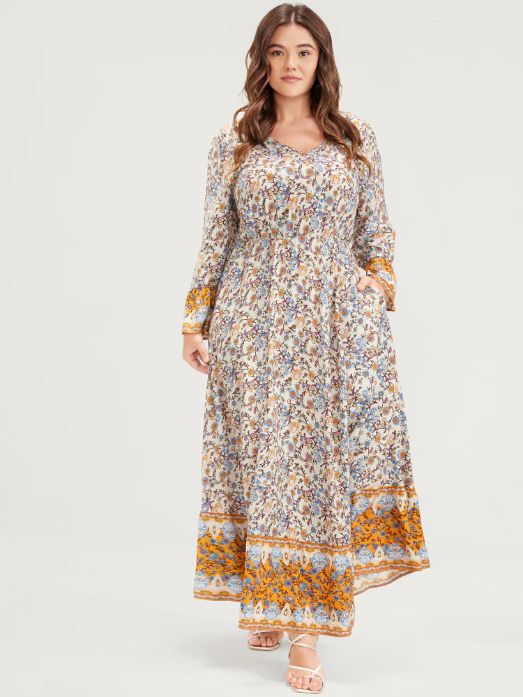 Floral V Neck Bell Sleeve Split Pocket Ruffles Maxi Dress - Image 3