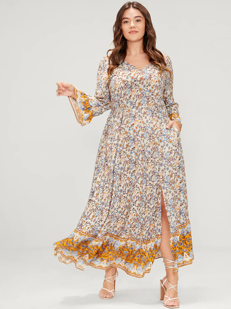 Floral V Neck Bell Sleeve Split Pocket Ruffles Maxi Dress - Image 4