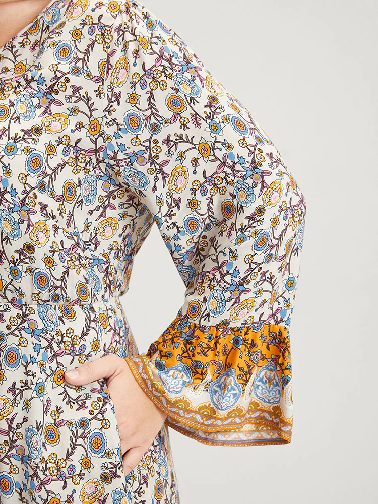 Floral V Neck Bell Sleeve Split Pocket Ruffles Maxi Dress - Image 5