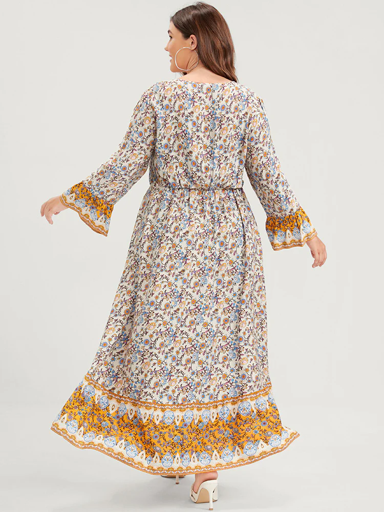 Floral V Neck Bell Sleeve Split Pocket Ruffles Maxi Dress - Image 6