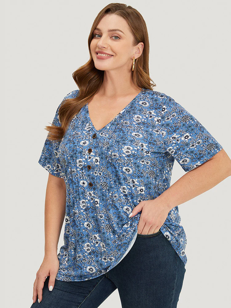 Floral V Neck Button Detail Pleated Front T-shirt - Image 2