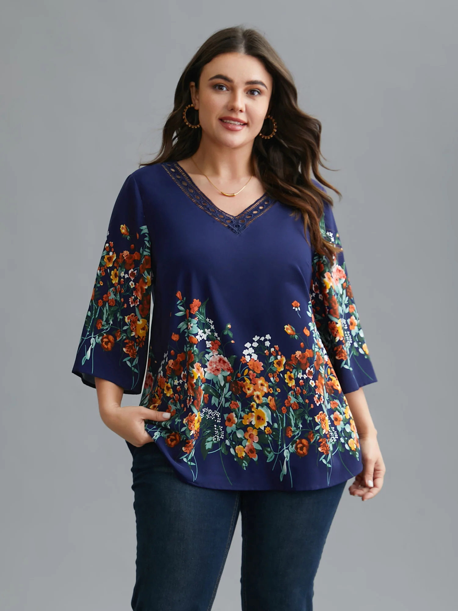 Floral V Neck Cut-Out Lace Blouse - Image 2