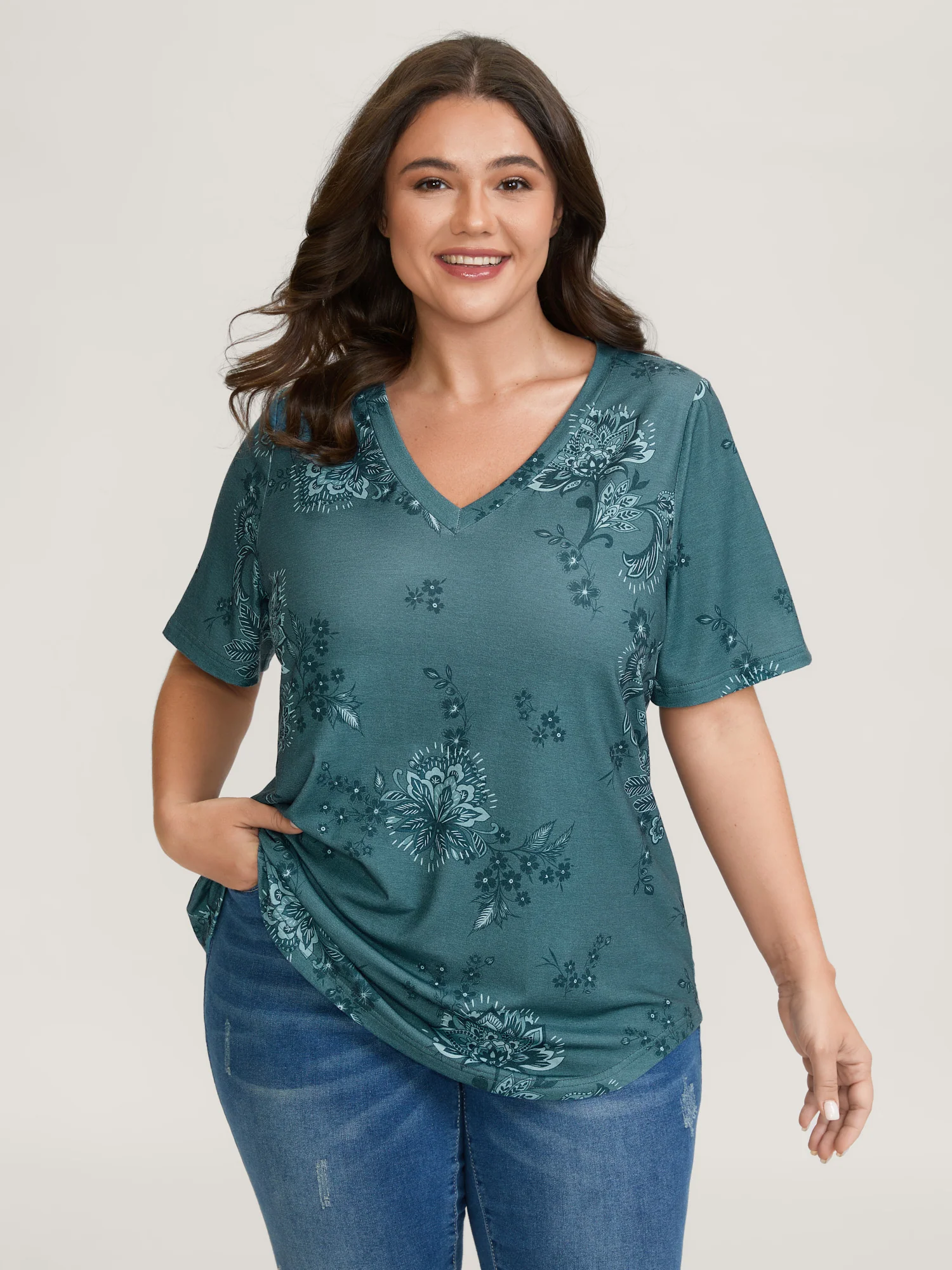 Floral V-Neck Drapey T-Shirt - Image 2