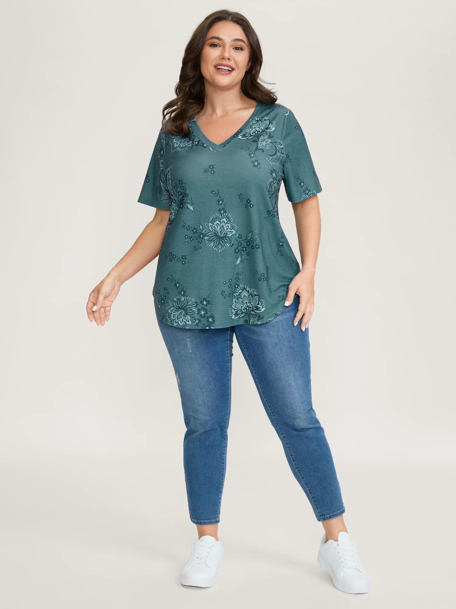 Floral V-Neck Drapey T-Shirt - Image 3