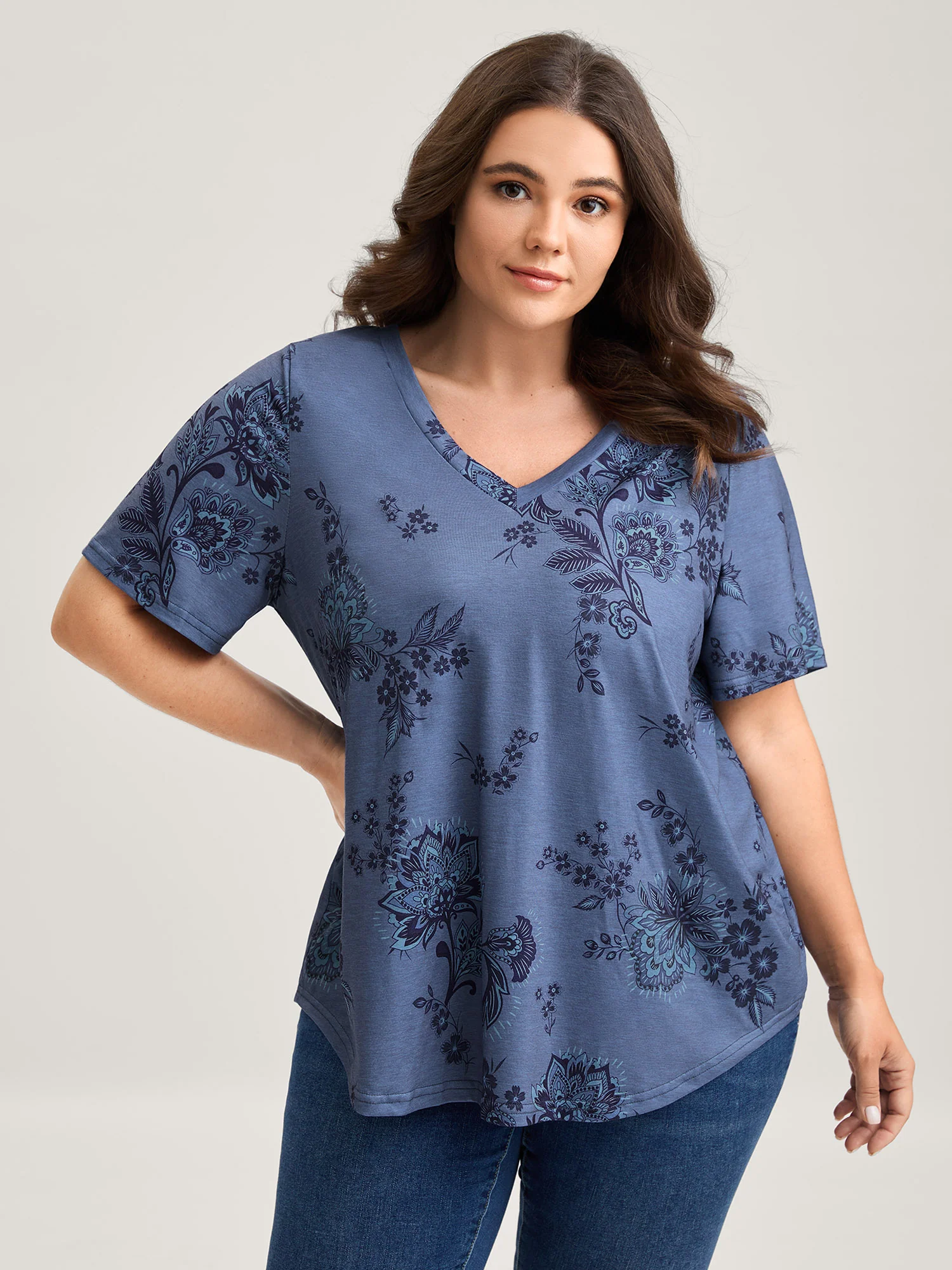 Floral V-Neck Drapey T-Shirt - Image 6