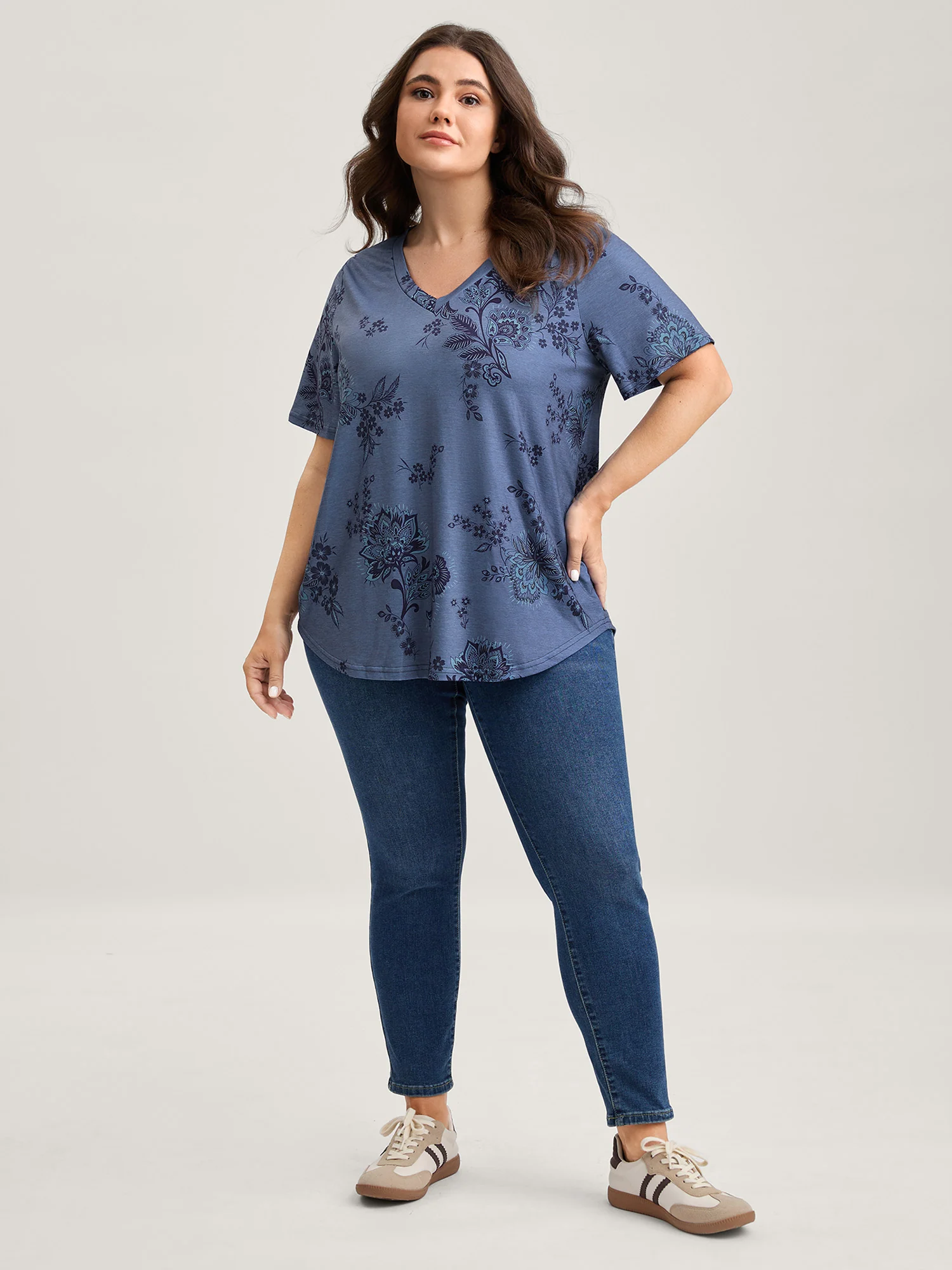 Floral V-Neck Drapey T-Shirt - Image 7