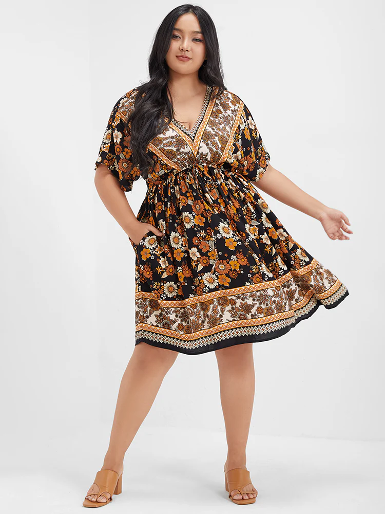 Floral V Neck Elastic Waist Pocket Ruffles Knee Dress - Image 2