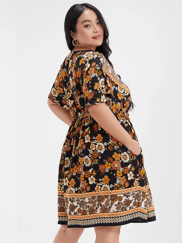 Floral V Neck Elastic Waist Pocket Ruffles Knee Dress - Image 3