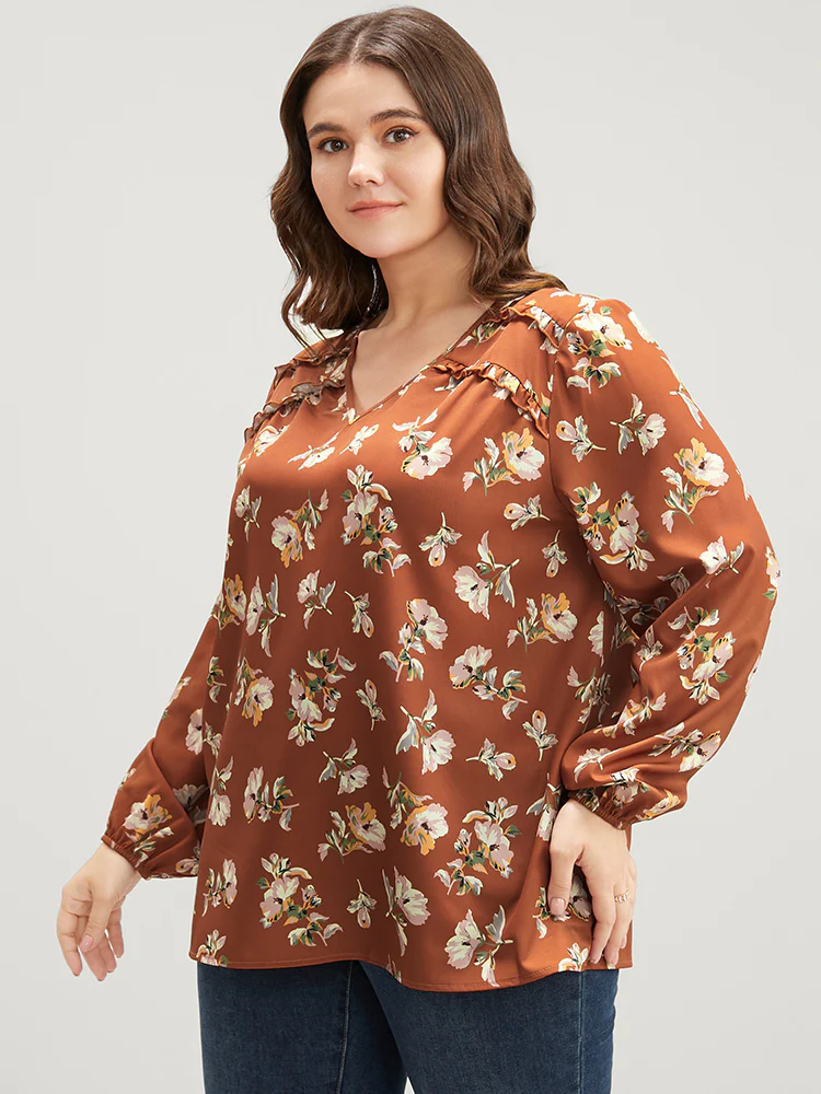Floral V Neck Ruffles Trim Lantern Sleeve Blouse - Image 2