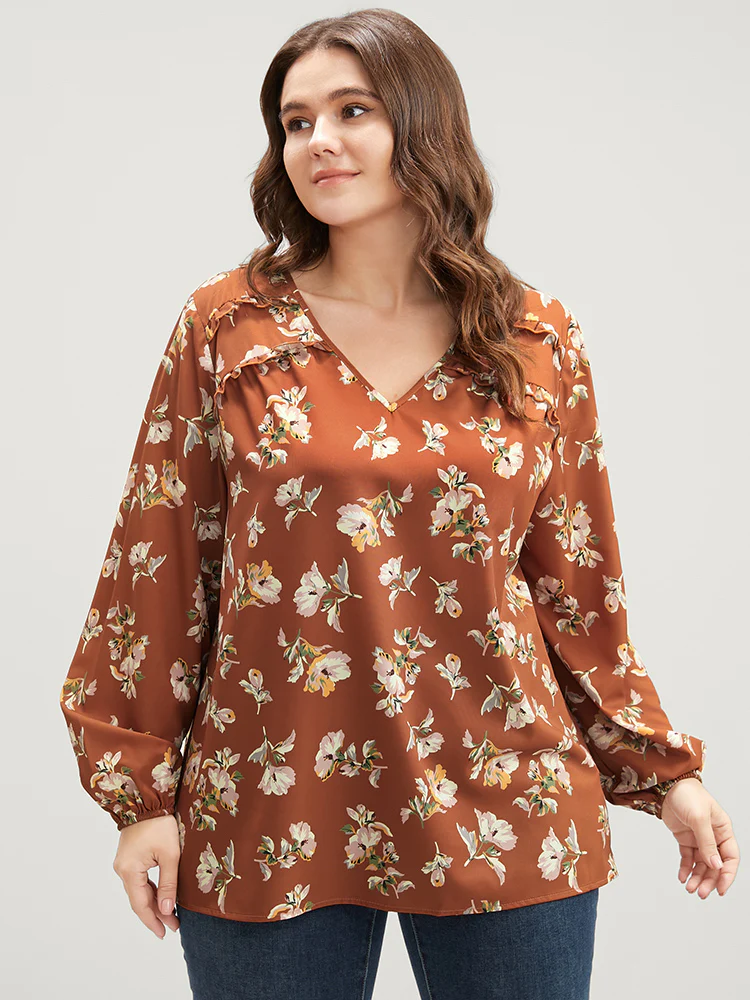Floral V Neck Ruffles Trim Lantern Sleeve Blouse - Image 3