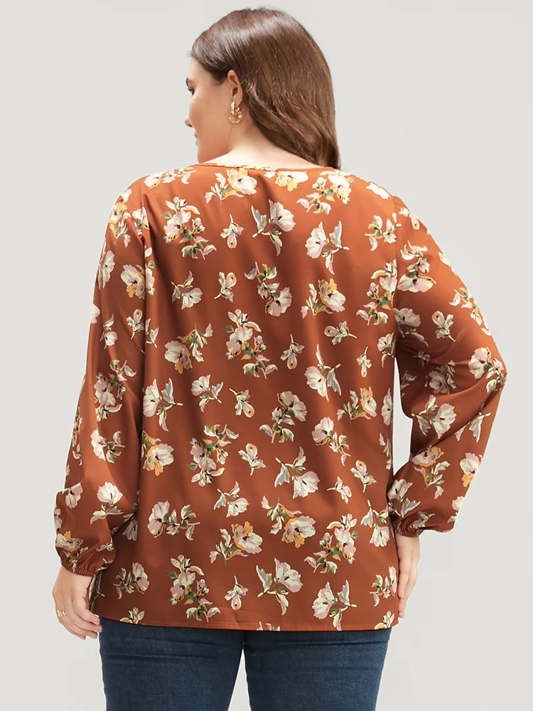 Floral V Neck Ruffles Trim Lantern Sleeve Blouse - Image 4