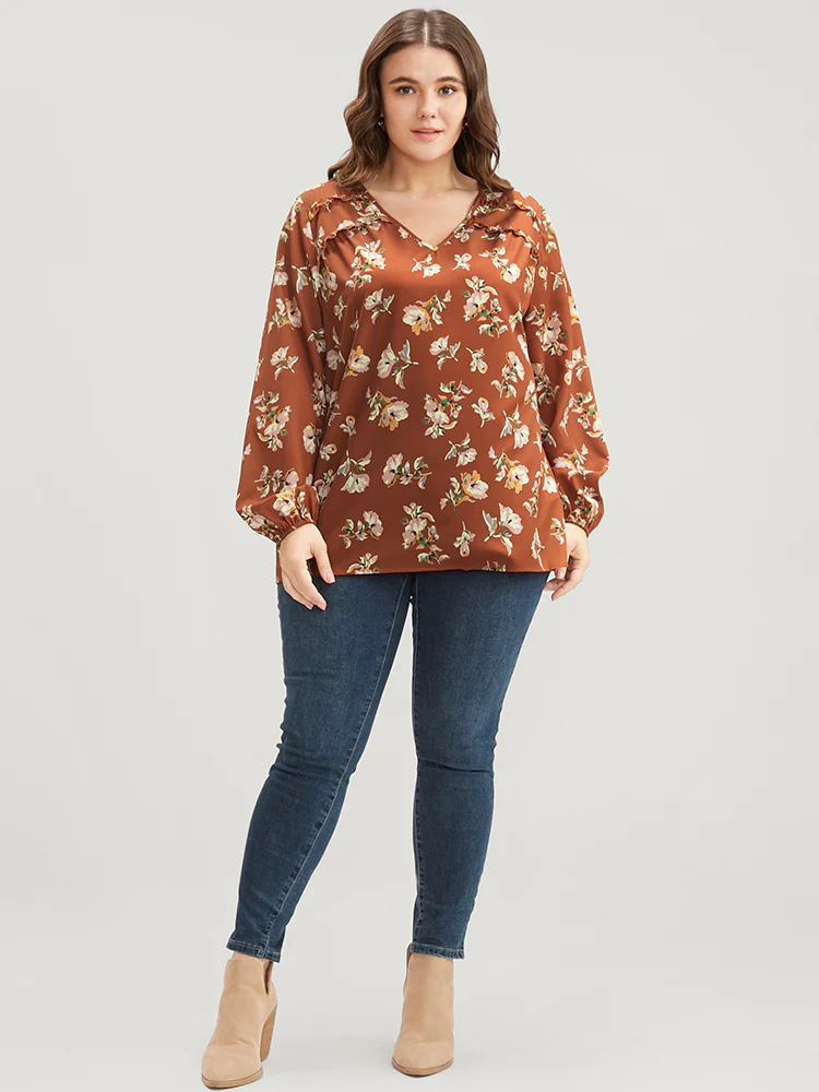Floral V Neck Ruffles Trim Lantern Sleeve Blouse - Image 5
