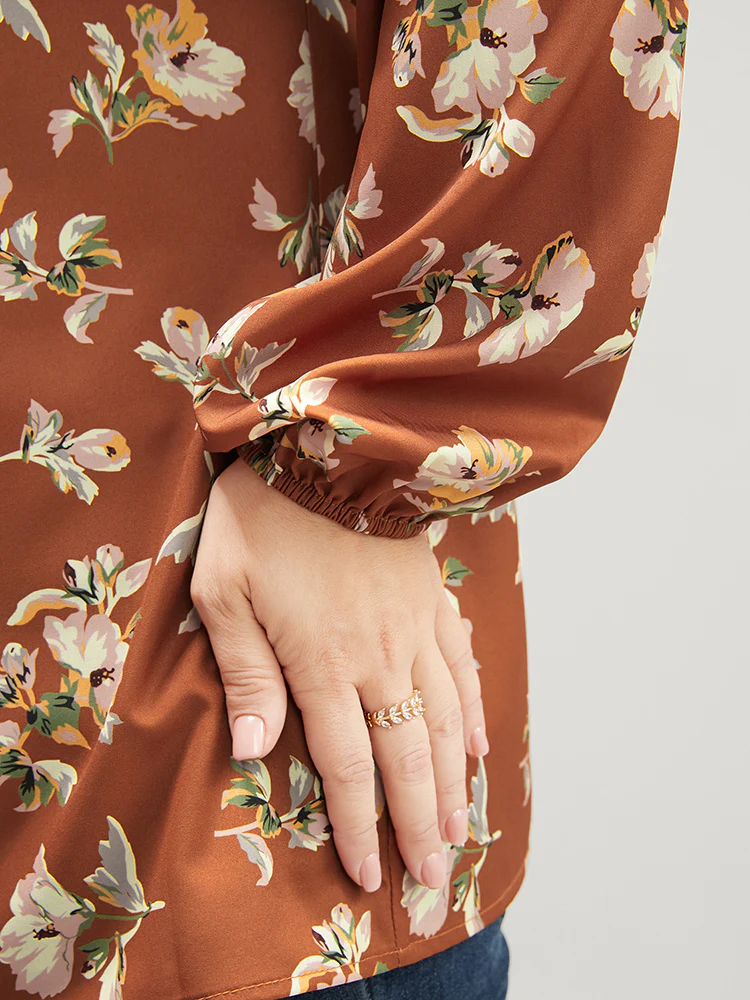 Floral V Neck Ruffles Trim Lantern Sleeve Blouse - Image 7
