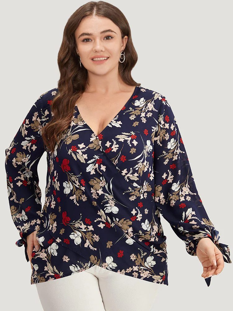 Floral V Neck Wrap Twist Sleeve Blouse - Image 2