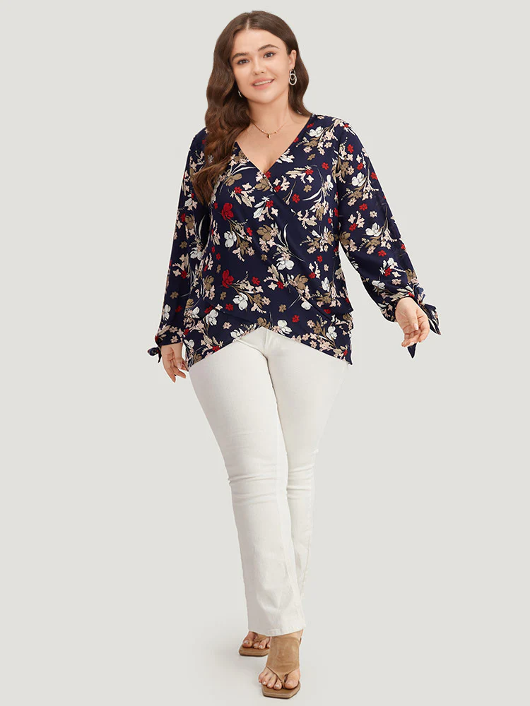 Floral V Neck Wrap Twist Sleeve Blouse - Image 3