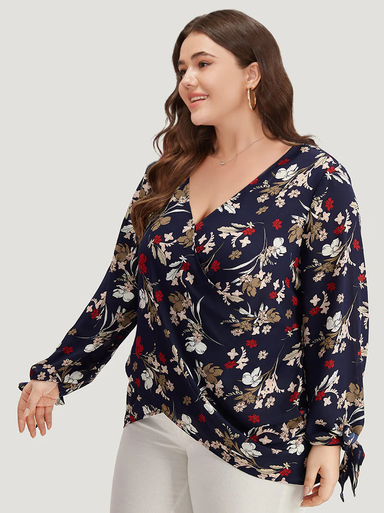Floral V Neck Wrap Twist Sleeve Blouse - Image 4