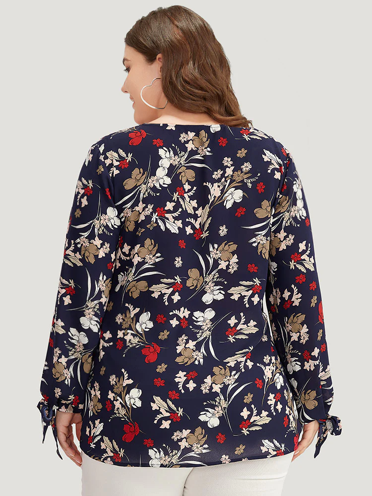 Floral V Neck Wrap Twist Sleeve Blouse - Image 5