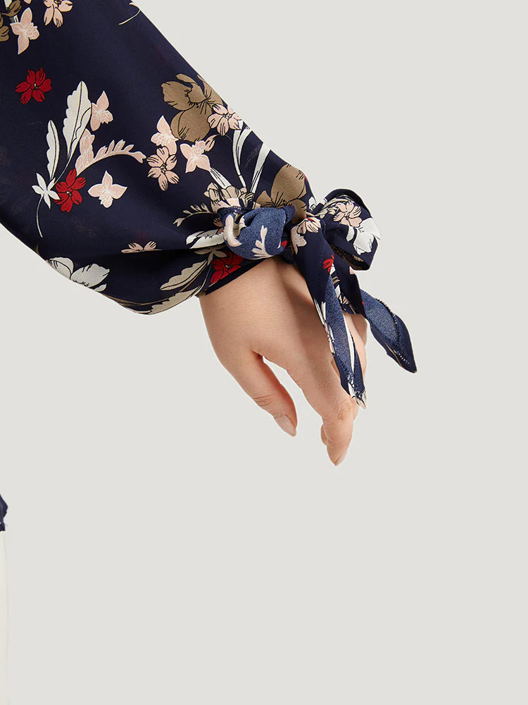 Floral V Neck Wrap Twist Sleeve Blouse - Image 6
