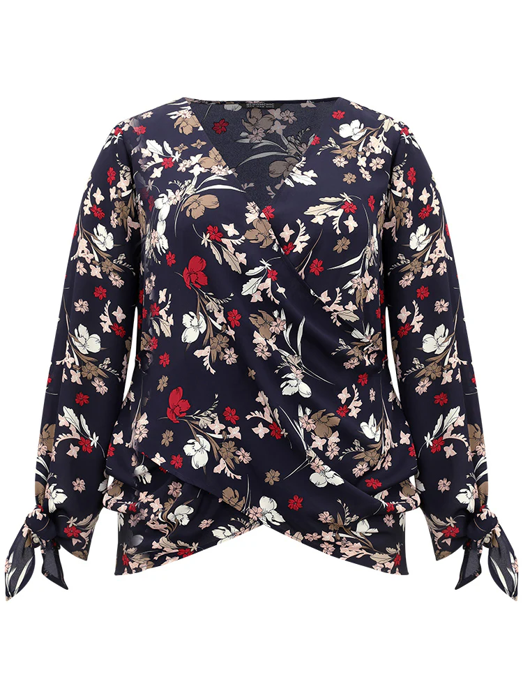Floral V Neck Wrap Twist Sleeve Blouse - Image 9