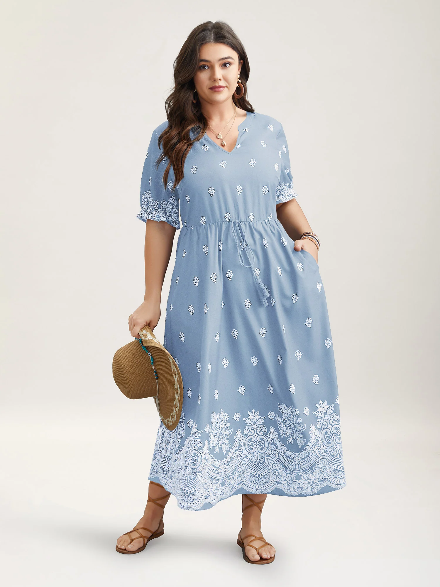 Floral Waist-Tie Notched Collar Midi Dress - Image 10