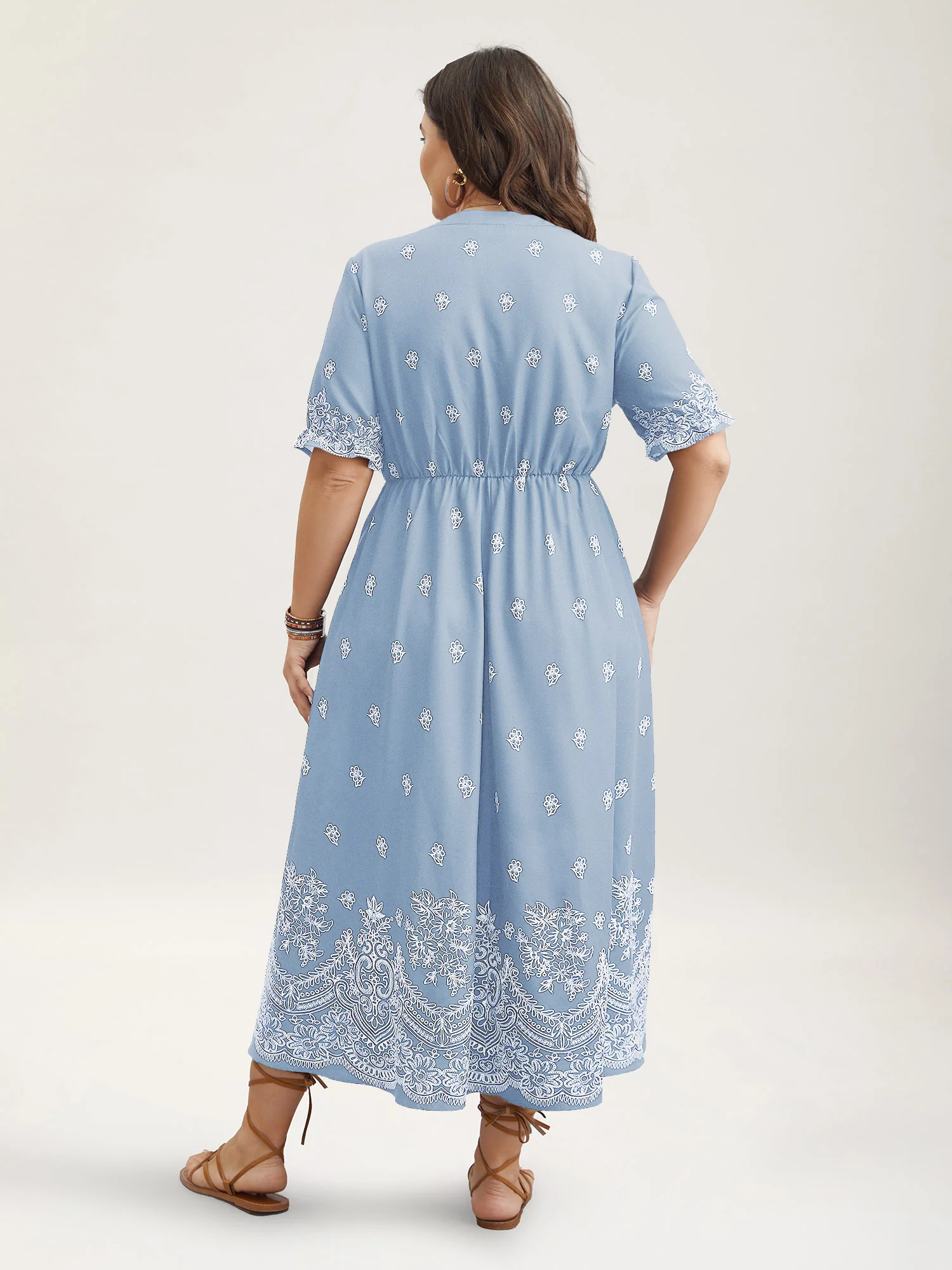 Floral Waist-Tie Notched Collar Midi Dress - Image 12
