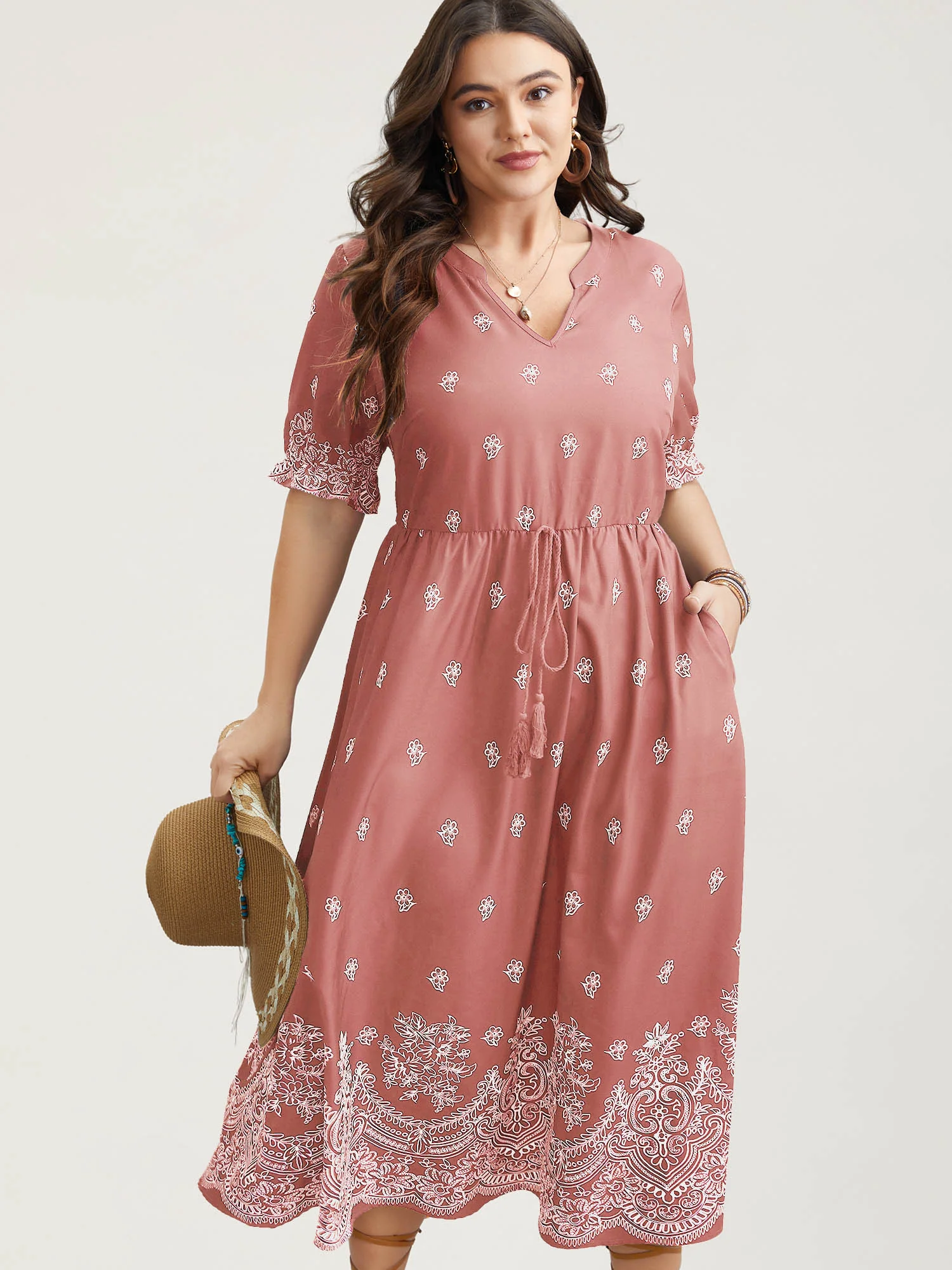 Floral Waist-Tie Notched Collar Midi Dress - Image 13