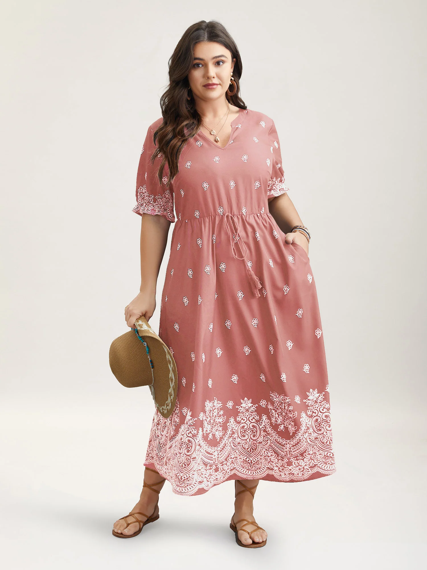 Floral Waist-Tie Notched Collar Midi Dress - Image 14