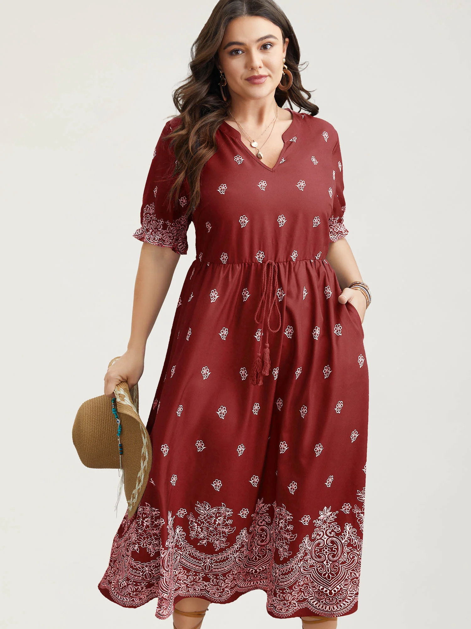 Floral Waist-Tie Notched Collar Midi Dress - Image 17