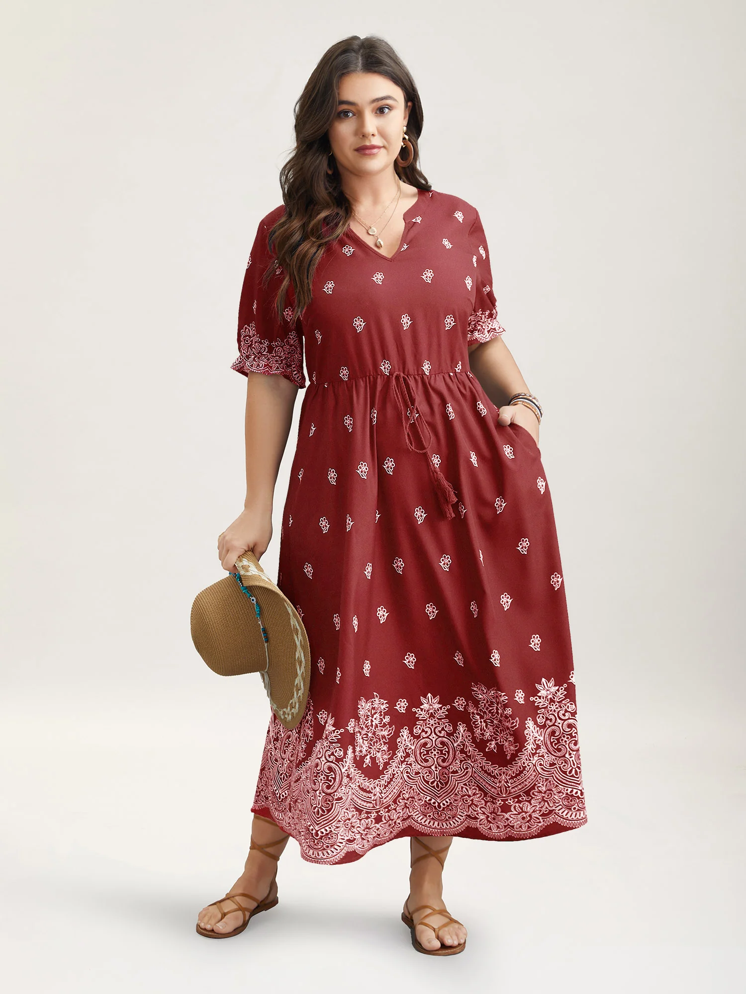 Floral Waist-Tie Notched Collar Midi Dress - Image 18