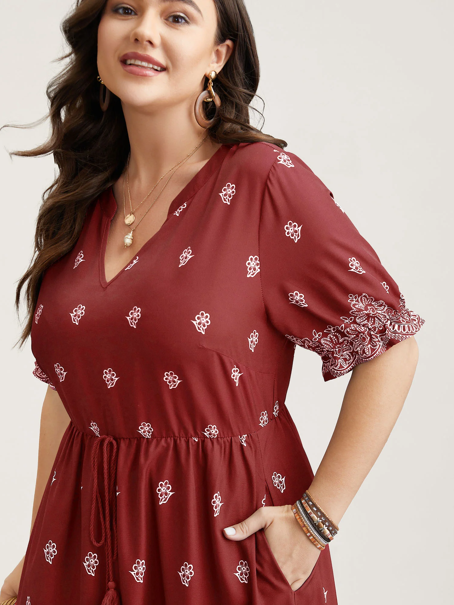 Floral Waist-Tie Notched Collar Midi Dress - Image 19