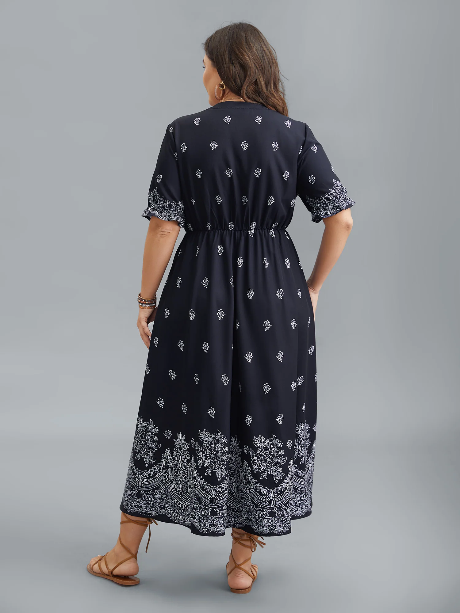Floral Waist-Tie Notched Collar Midi Dress - Image 5