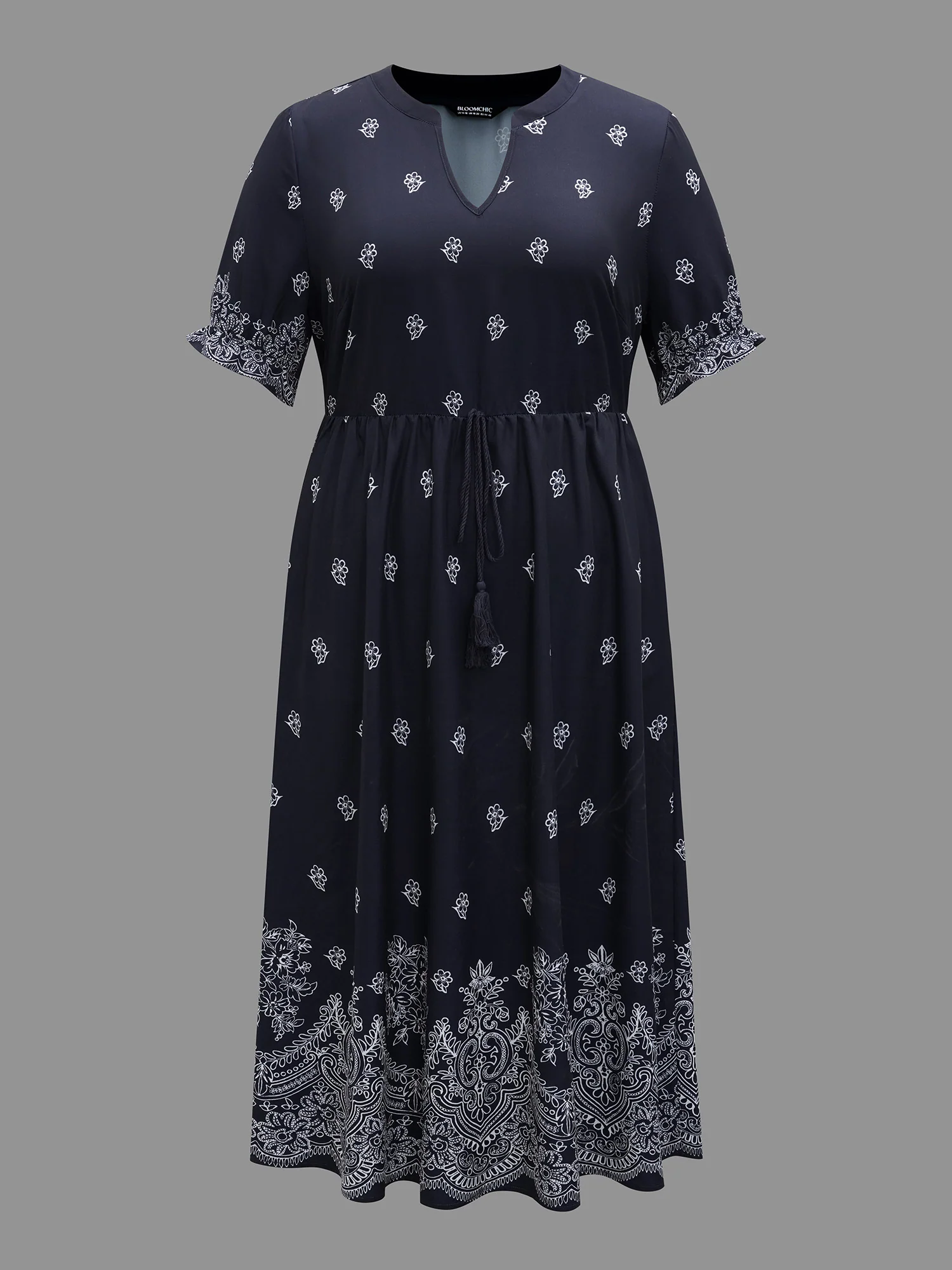Floral Waist-Tie Notched Collar Midi Dress - Image 8