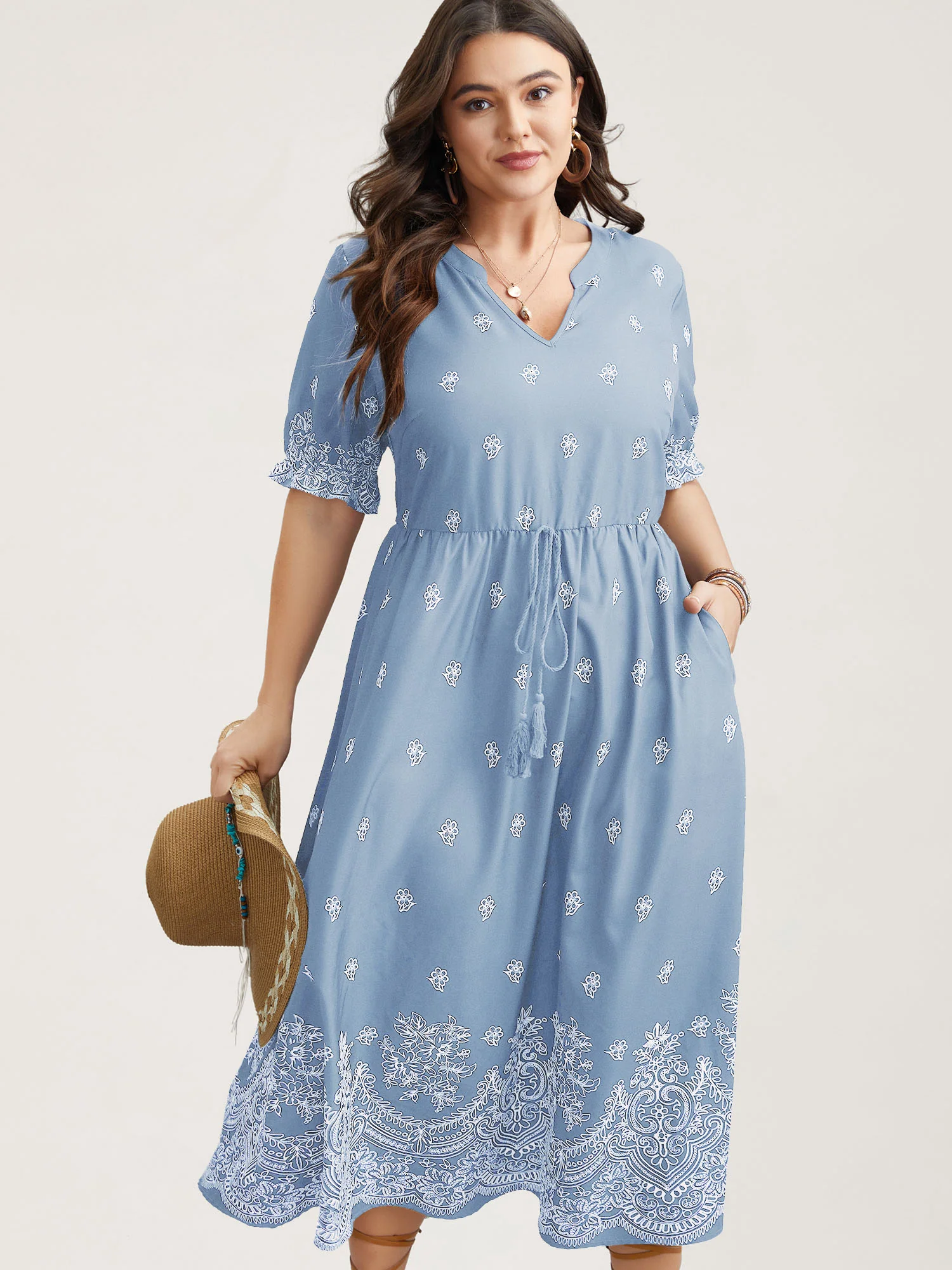 Floral Waist-Tie Notched Collar Midi Dress - Image 9