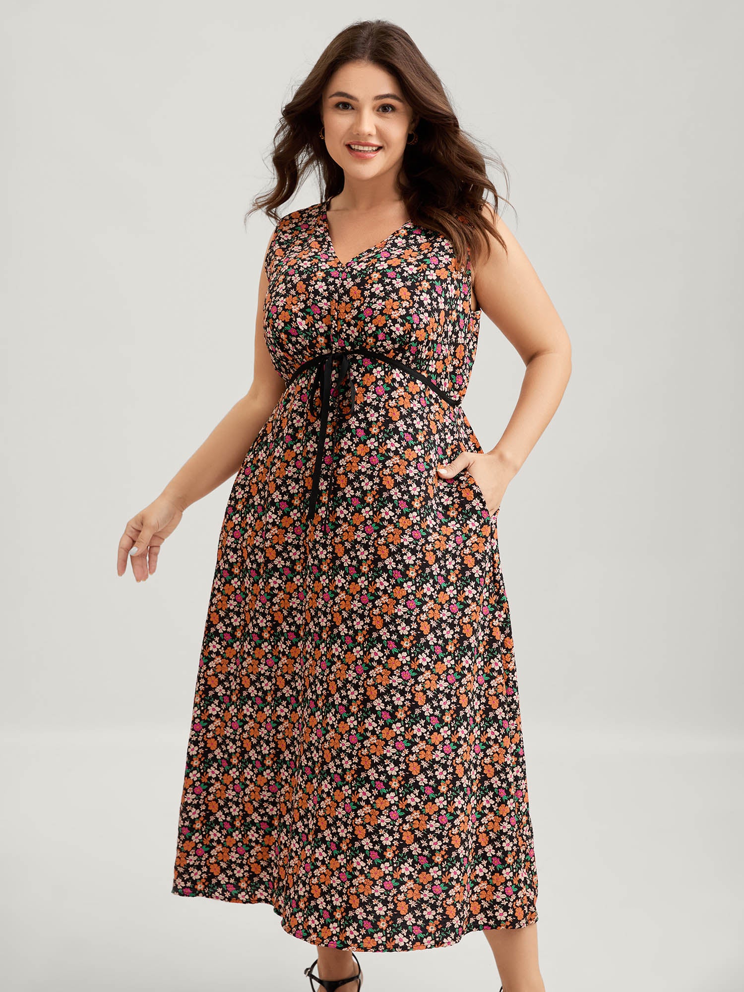 Floral Waist Tie Side Pockets Midi Dress - Image 3