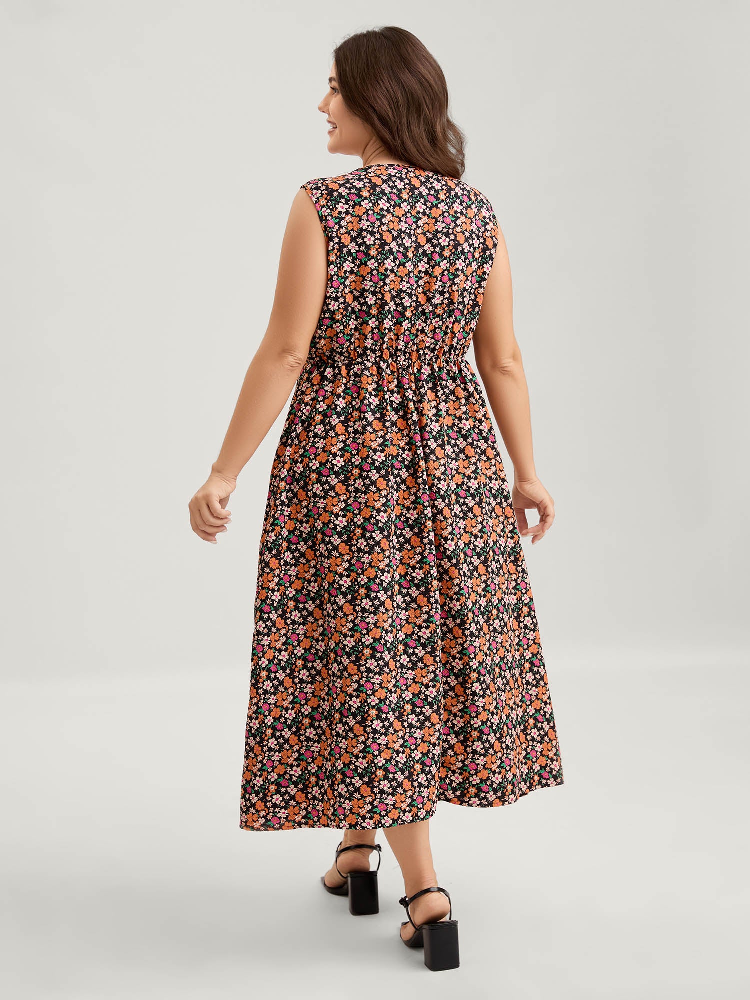 Floral Waist Tie Side Pockets Midi Dress - Image 4