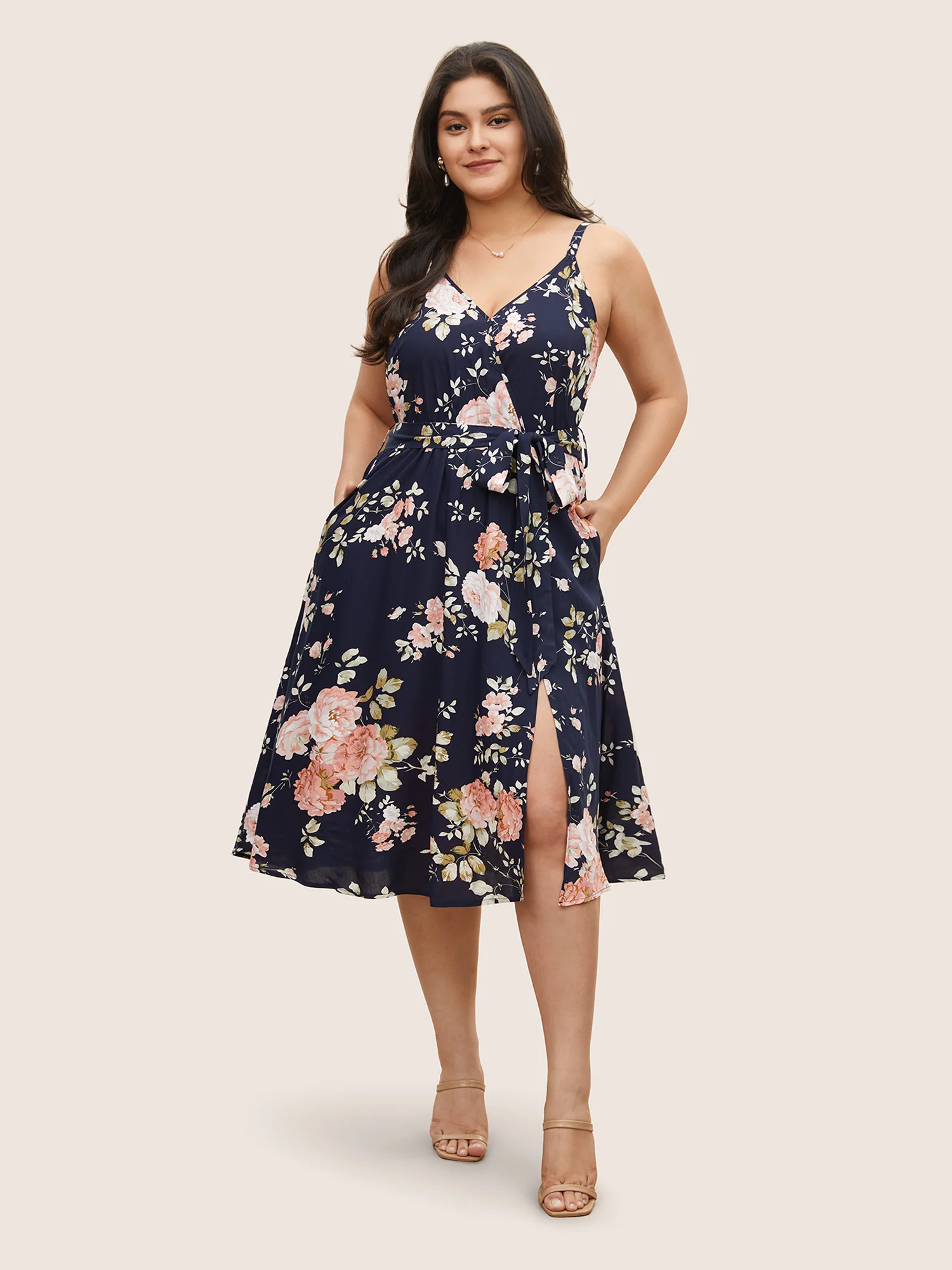 Floral Wrap Elastic Waist Belted Sleeveless Dress - Image 2