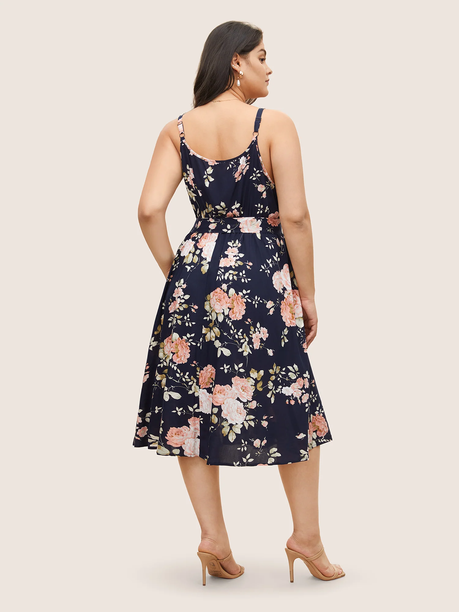 Floral Wrap Elastic Waist Belted Sleeveless Dress - Image 3