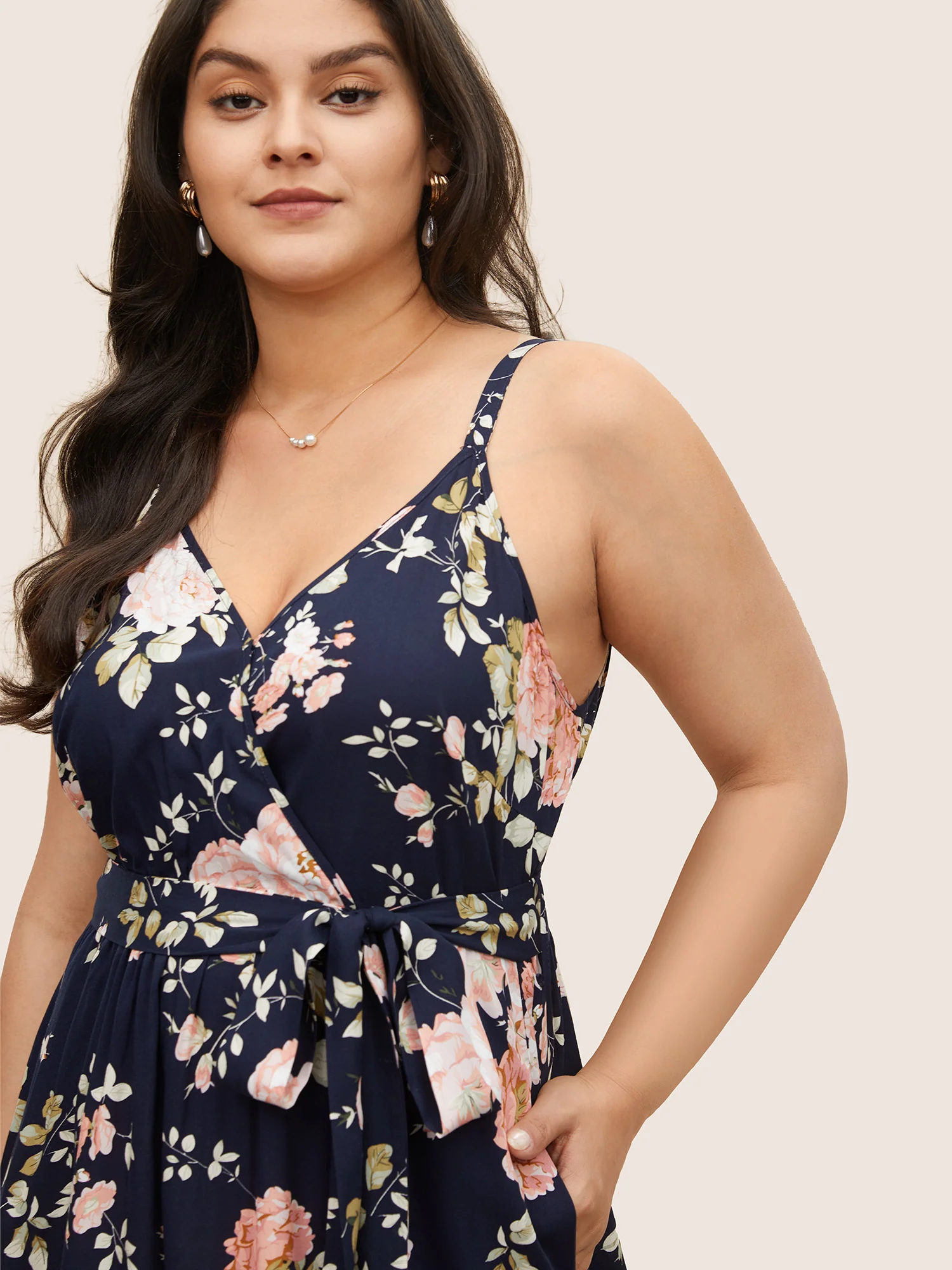 Floral Wrap Elastic Waist Belted Sleeveless Dress - Image 4