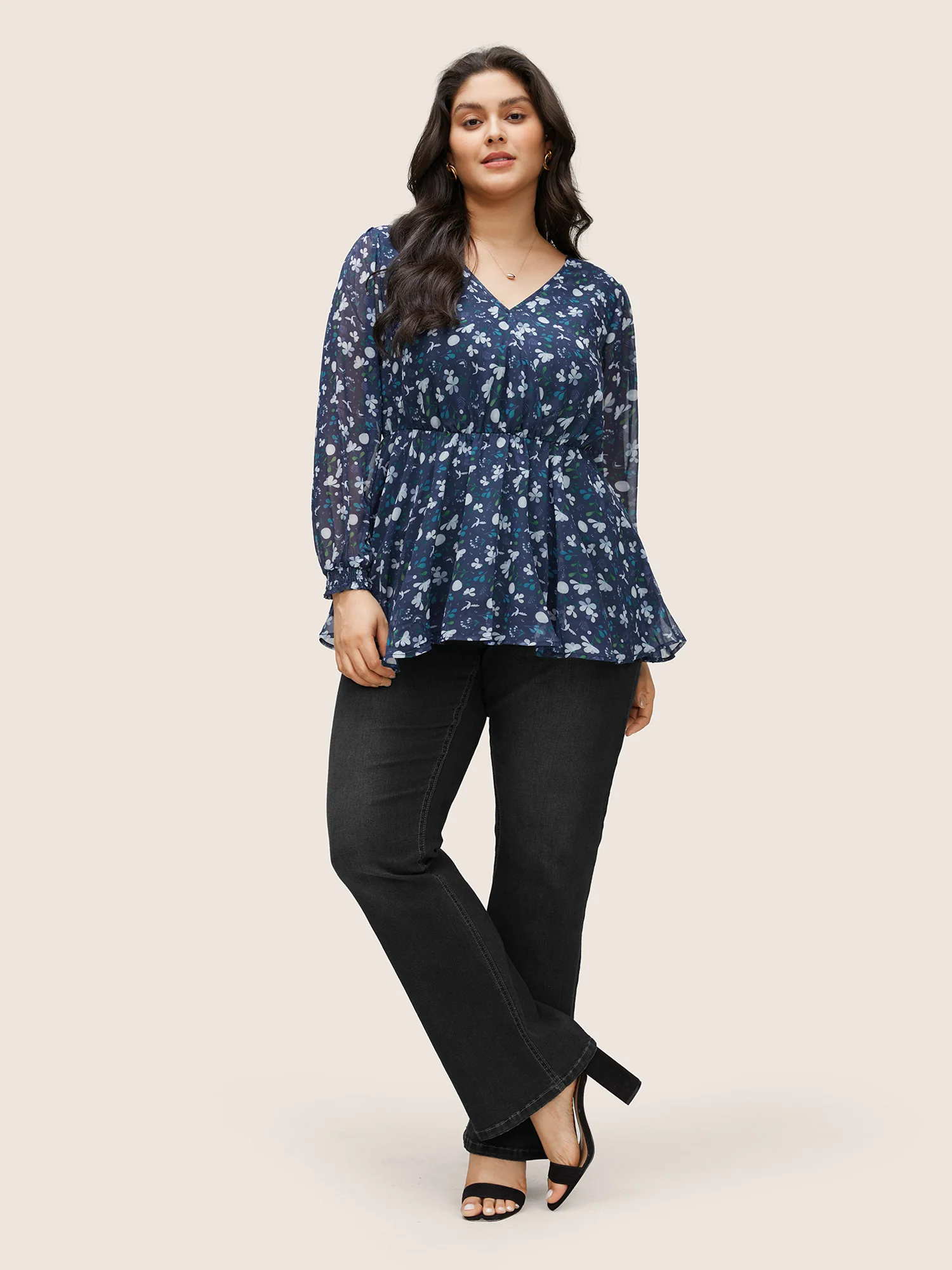 Floral Wrap Elastic Waist Mesh Patchwork Blouse - Image 2