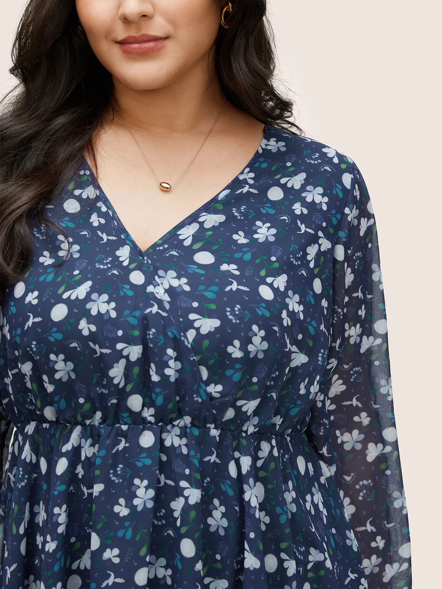 Floral Wrap Elastic Waist Mesh Patchwork Blouse - Image 3