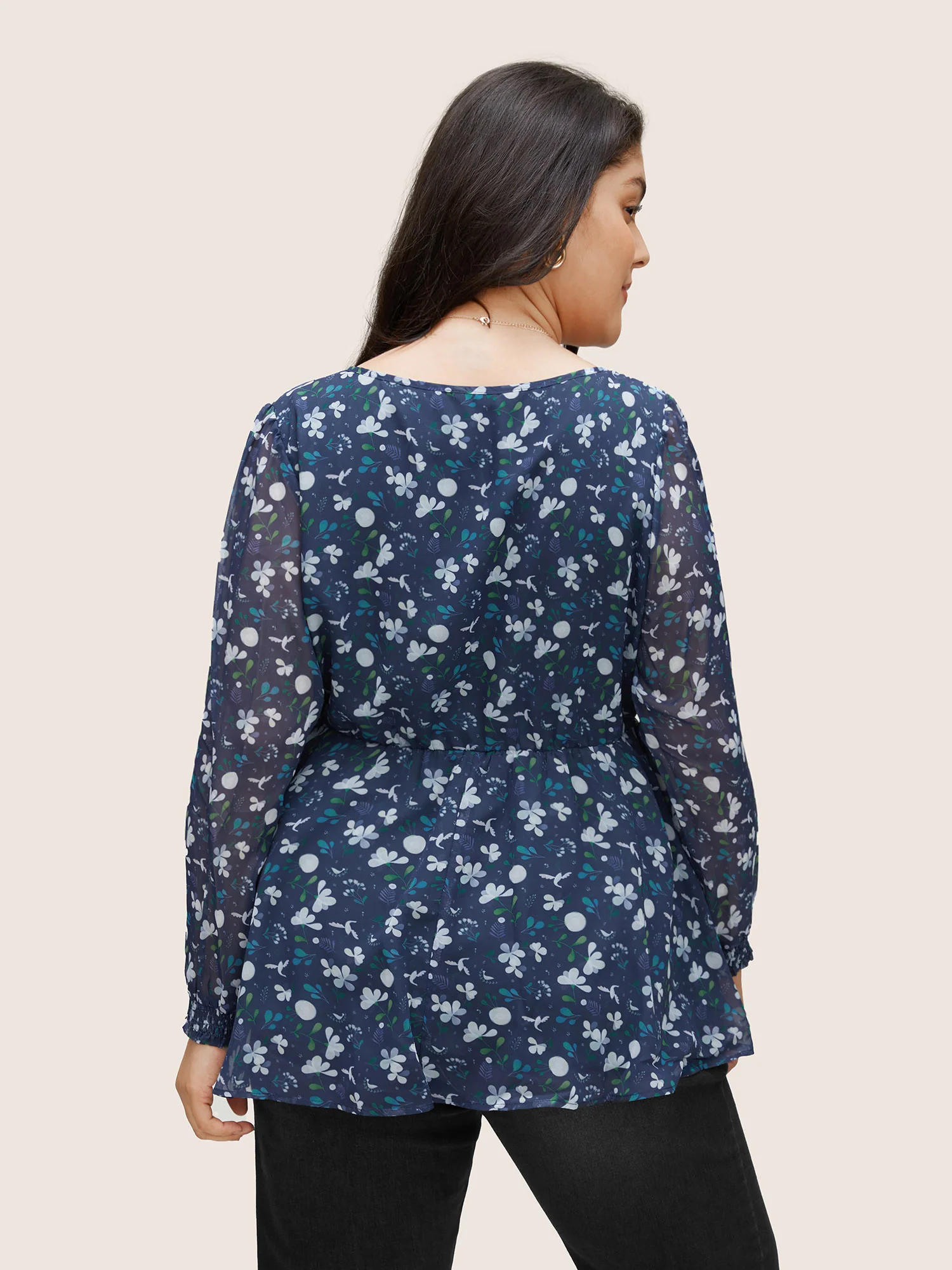 Floral Wrap Elastic Waist Mesh Patchwork Blouse - Image 4