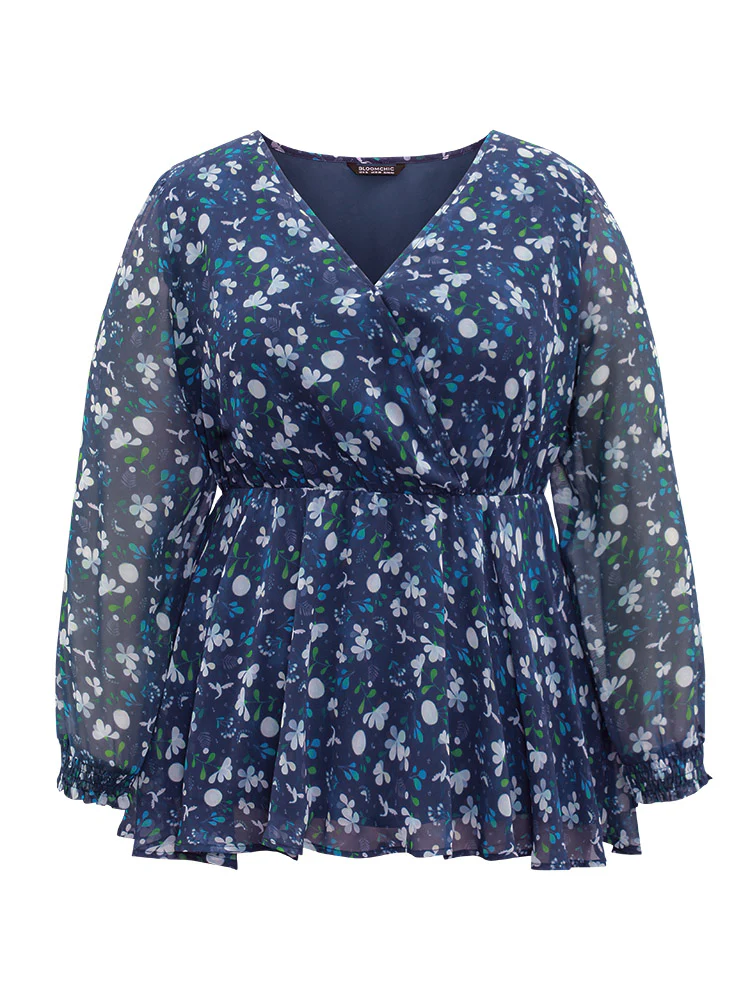 Floral Wrap Elastic Waist Mesh Patchwork Blouse - Image 5