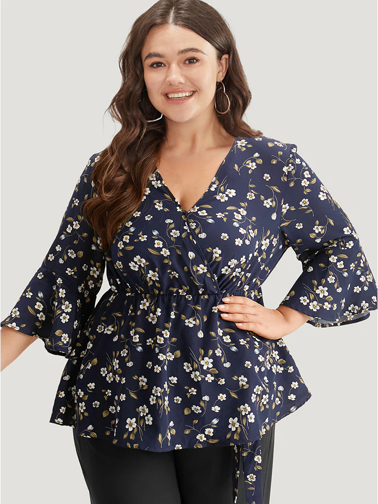 Floral Wrap Flutter Sleeve  Woven Blouse - Image 3