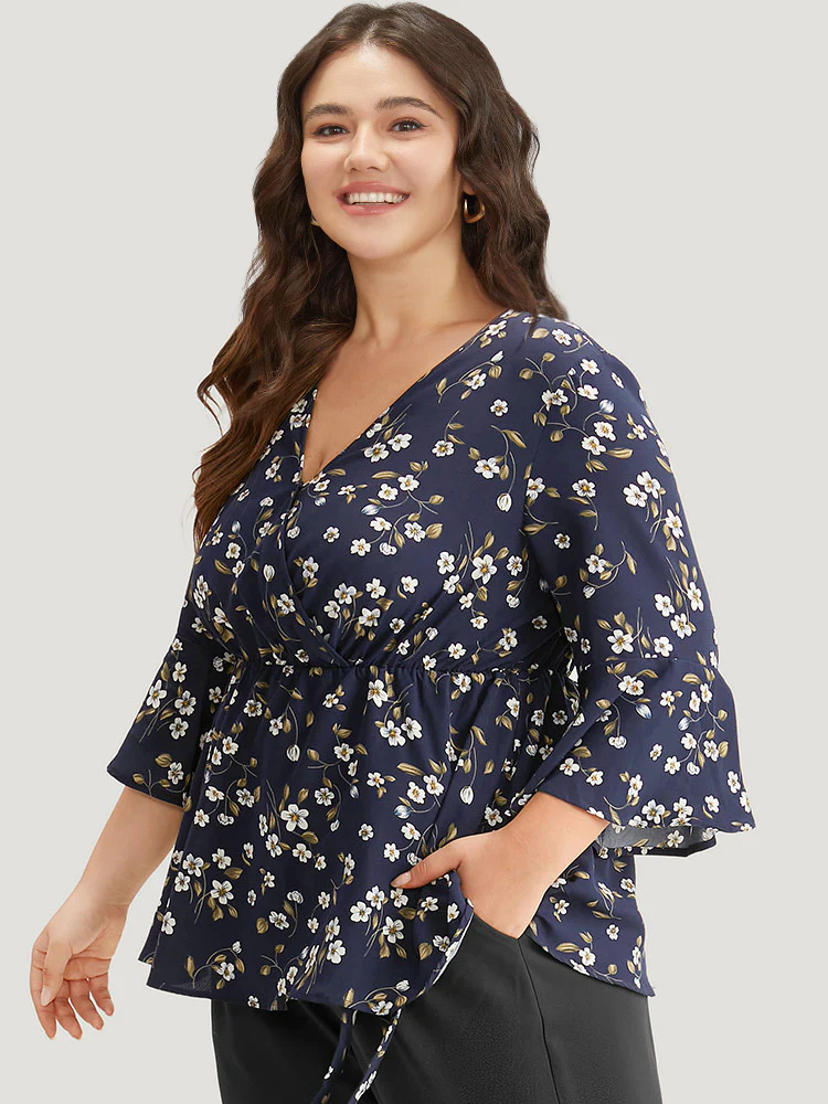 Floral Wrap Flutter Sleeve  Woven Blouse - Image 4