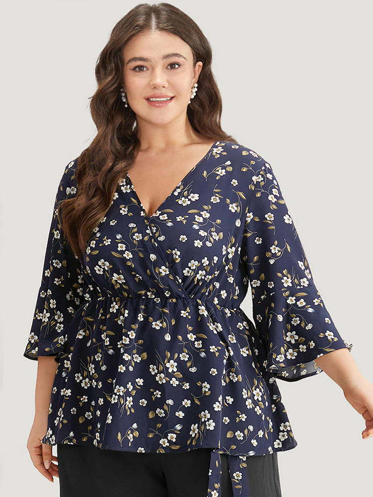 Floral Wrap Flutter Sleeve  Woven Blouse - Image 6