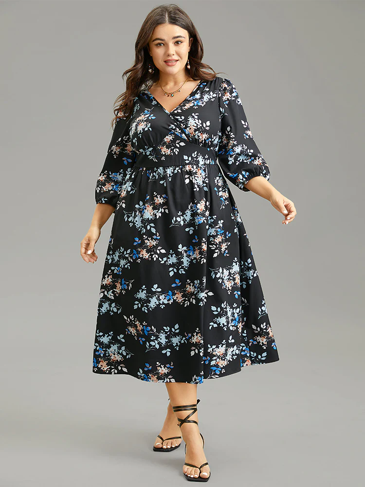 Floral Wrap Gathered Lantern Sleeve Dress - Image 2