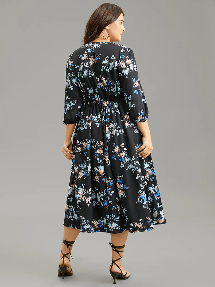 Floral Wrap Gathered Lantern Sleeve Dress - Image 3